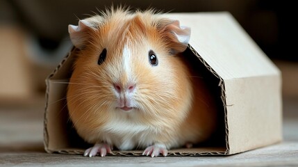 Cute guinea pig inside a cardboard house