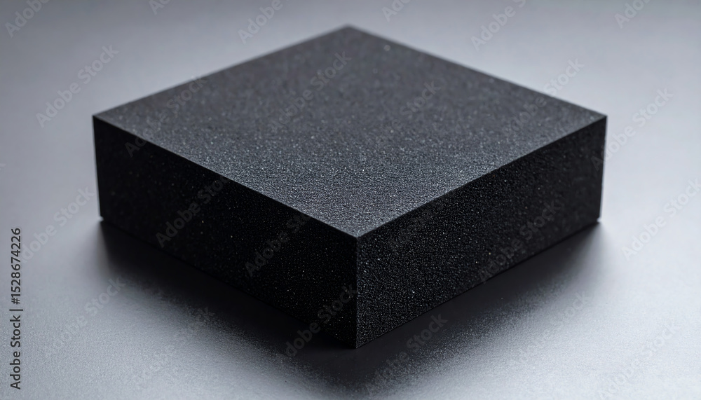 Poster a sleek, black rectangular object with a textured surface, resting on a smooth background, exuding a