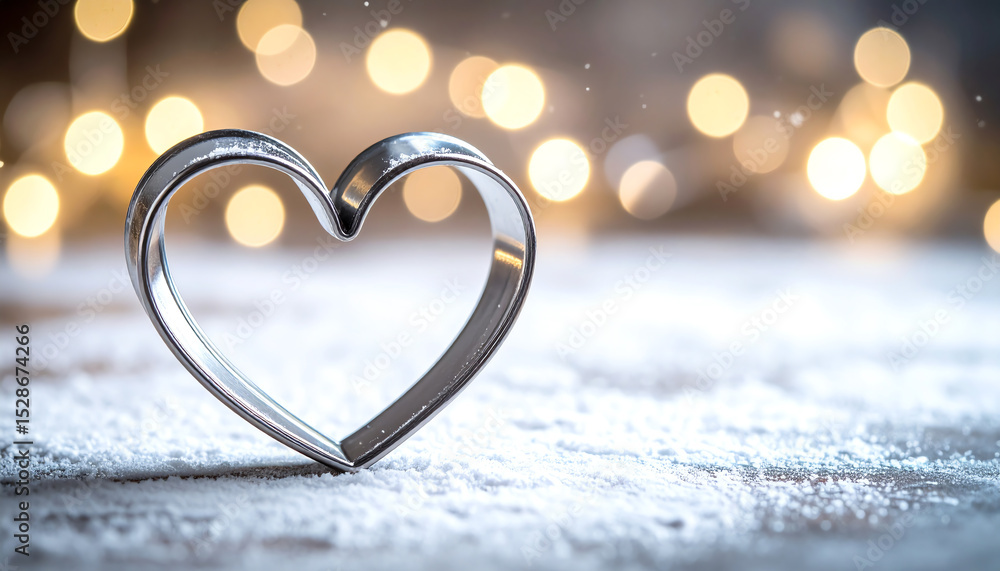 Aufkleber a heart-shaped cookie cutter rests on a snowy surface, with soft bokeh lights glowing in the backgro