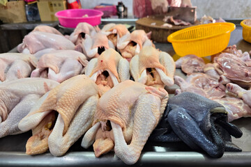 A variety of whole raw chickens, including standard broiler chickens and black-skinned chicken "silkie" neatly arranged for sale at a traditional wet market.