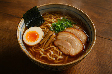 Authentic Ramen Noodle Soup with Toppings and Steam