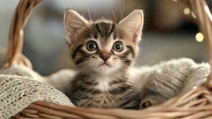 Cute kitten in a wicker basket.  A small, striped kitten with big eyes looks directly at the viewer.  Soft, cozy blanket inside