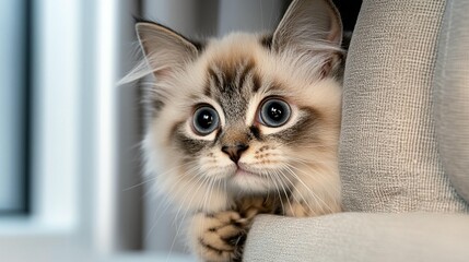 Cute kitten with big eyes peeking from a couch