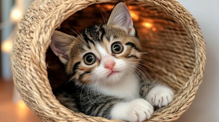Cute kitten peeking out of a woven basket, large eyes, adorable expression