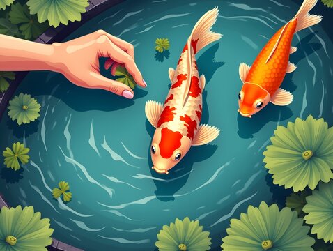 Person Feeding Koi Fish in Pond with Green Plants and Orange Fish Illustration Art