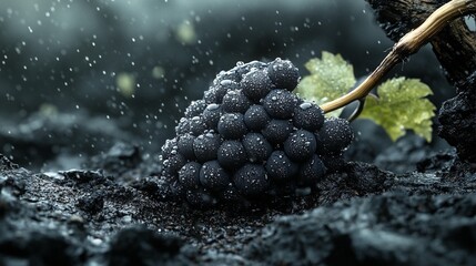 Dark grapes covered in water droplets rest on a bed of ash, amidst a rainy scene