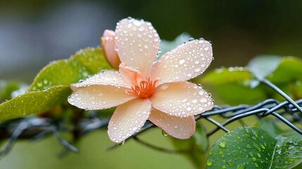 Delicate, pastel-colored flower with water droplets, perched on a fence