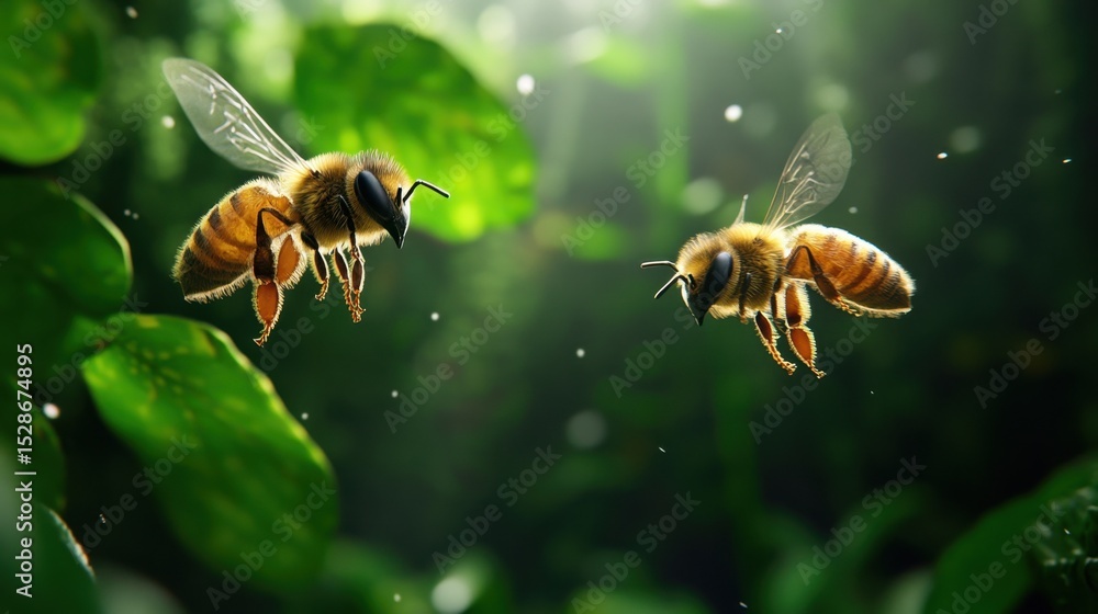 Poster macro view of honey bees in flight captured with lush green background