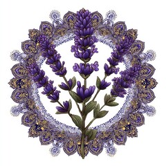 Elegant Lavender Plant Design with Intricate Mandala Background in Purple and Gold Hues for Creative Projects