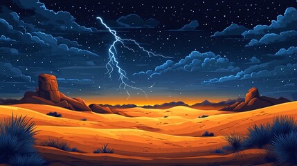 Desert landscape at night, dramatic lightning strike.  Vast expanse of sand, rocky buttes, and starlit sky