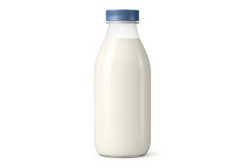 Realistic glass bottle full of milk with blue cap on transparent background, ideal for mockups and compositions