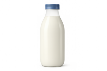Realistic glass bottle full of milk with blue cap on transparent background, ideal for mockups and compositions