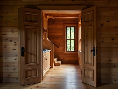Revealing Wooden Interior A Glimpse Through Open Doors - Captivating Architecture, Texture, and Warm Illumination in Rustic Home Design