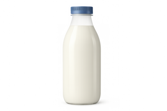 Realistic glass bottle full of milk with blue cap on transparent background, ideal for mockups and compositions