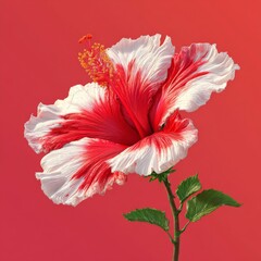 Vibrant Red and White Hibiscus Flower Against Bold Coral Background in Close-up View