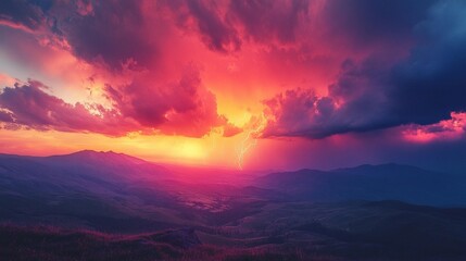 Dramatic sunset over mountain ranges with vibrant clouds and lightning