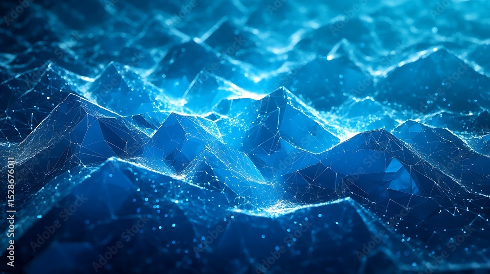 Poster digital landscape of interconnected polygons in deep blue.