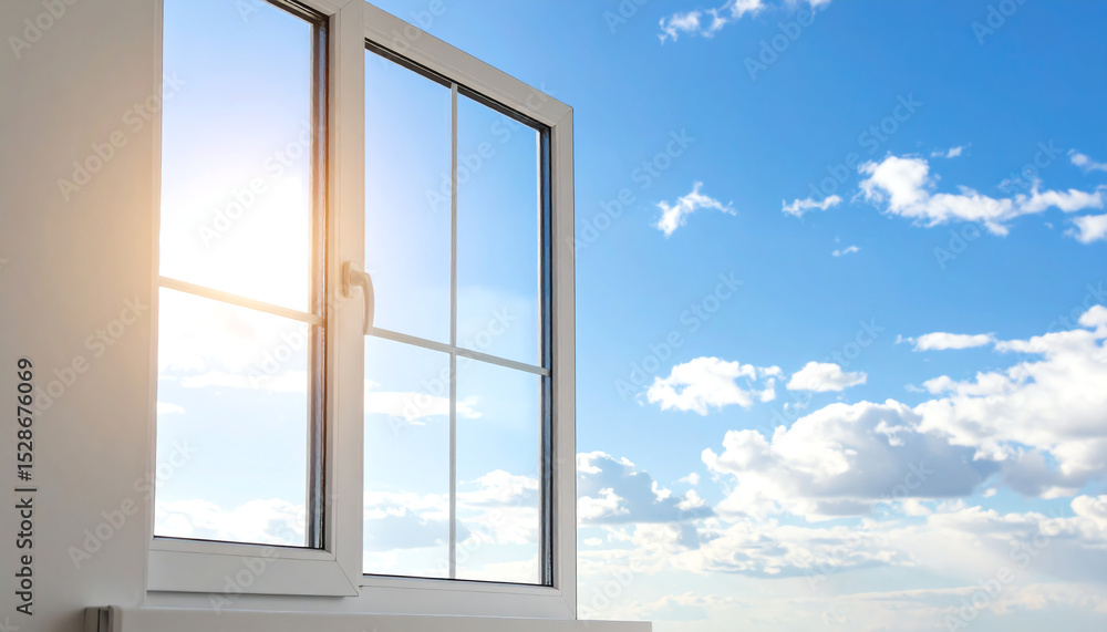 Poster bright sunlight streams through an open window, illuminating the clear blue sky and fluffy clouds, c