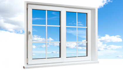 A modern window showcasing a clear blue sky with fluffy clouds, creating a bright and inviting atmosphere