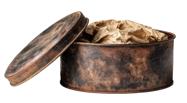 Rusty metal tin, open lid, brown paper