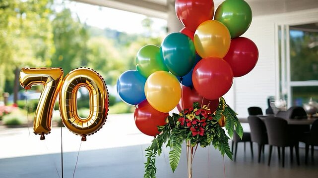 Golden number balloons with flower arrangement for milestone celebration