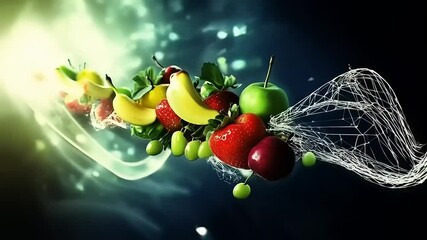 A vibrant mix of floating fruits against an abstract glowing dark background - Powered by Adobe