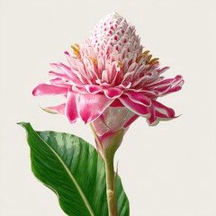 Stunning close-up of a vibrant pink flower with unique textures and a green leaf against a soft neutral background