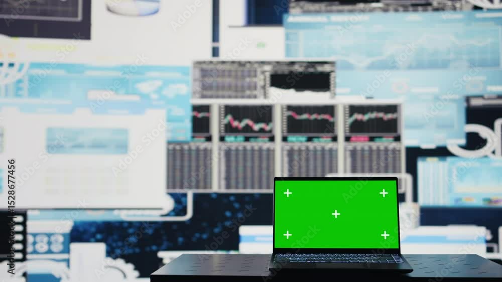 Poster in a business related space, laptop display shows green screen to help with strategy planning with f
