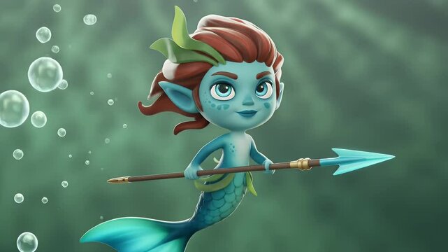 Playful 3D Mermaid Character with Red Hair Holding Spear Posing in a Sea Green Bubble Background