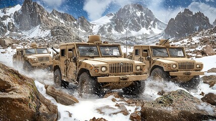 Military vehicles driving through snowy mountains during harsh winter conditions