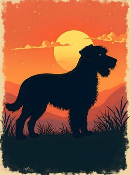 Retro Sunset Design With Tibetan Terrier Dog Silhouette