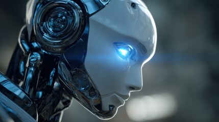 Fototapeta premium Sleek, futuristic AI robot head, clean design, glowing blue eyes, focusing on emotionless yet intelligent expression, high-tech metallic finish, minimalist background.
