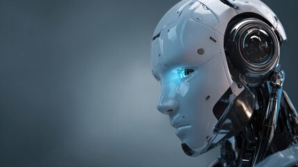 Sleek, futuristic AI robot head, clean design, glowing blue eyes, focusing on emotionless yet intelligent expression, high-tech metallic finish, minimalist background.