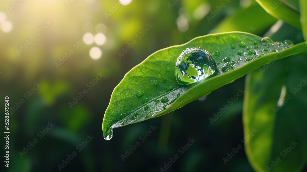 Poster nature background with earth in a single dew drop on leaf edge, symbolizing global fragility