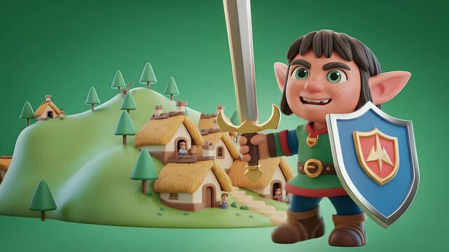 Smiling Elf Character Holding Sword and Shield in Front of Miniature Village Isolated on Green Screen for Fantasy Games and Animation in 3D Rendering
