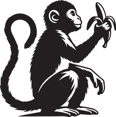 Obraz premium monkey eat banana vector illustration, monkey eat banana silhouette vector isolated on white background