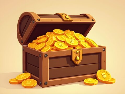 Wooden treasure chest filled with gold coins in flat design style shining illustration