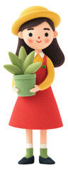 Young girl holds potted plant while wearing a colorful outfit and a cheerful smile isolated on transparent background.