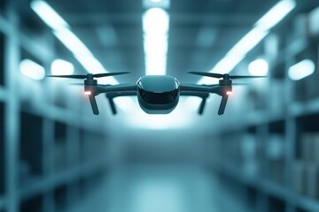 A sleek VTOL cargo drone hovering above a futuristic logistics hub, emphasizing rapid delivery and next-generation supply chain solutions, perfect for e-commerce and fast shipping innovations