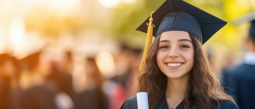 A confident young woman in cap and gown smiles while holding her diploma outdoors on graduation day, surrounded by joyful classmates celebrating academic achievement and future career aspirations