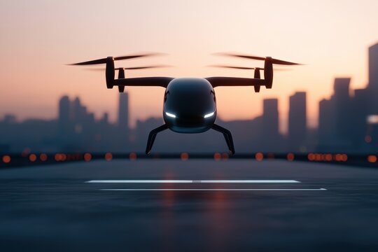 High tech VTOL aircraft landing on urban rooftop helipad at dusk showcasing sustainable air taxi mobility services for smart city transport and aviation technology applications