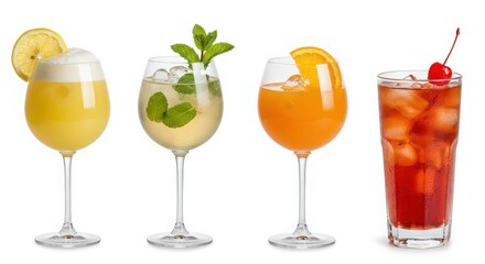 Set of colorful cocktails in glasses showcasing refreshing summer drinks and tropical beverages 