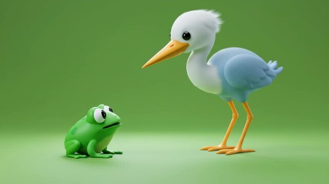 Cartoon Stork Standing with Frog on Green Background