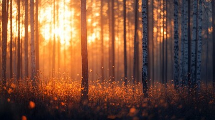 Obraz premium Golden sunset in a tranquil forest. Sunlight filtering through trees, illuminating the autumnal undergrowth