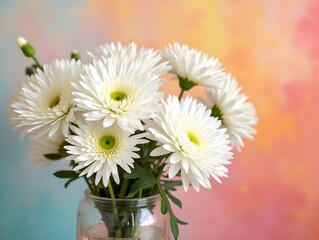Elegant White Chrysanthemums Against Vibrant Abstract Background for Floral Decor