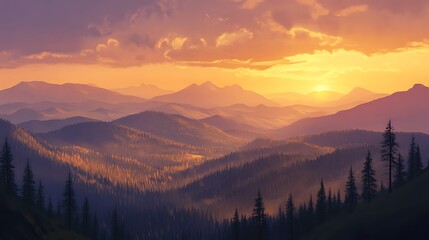 Obraz premium Golden sunset over a mountain range.