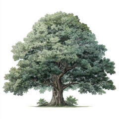 Majestic oak tree with lush green leaves and intricate bark texture in a bright and airy setting, ideal for nature-themed projects