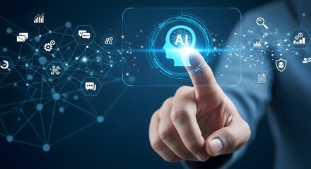 Finger Touching a Glowing AI Head Icon on a Futuristic Digital Interface Futuristic AI Concept: Finger Touching a Network of Digital Nodes and Symbols 