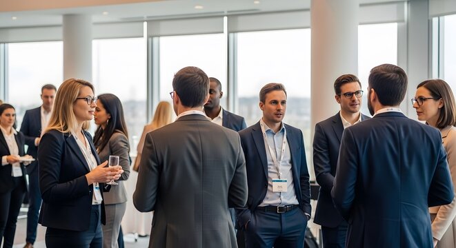 Professionals Conversing in Bright Open Space Diverse Professionals Networking with Drinks Executives Networking in Bright Conference Space