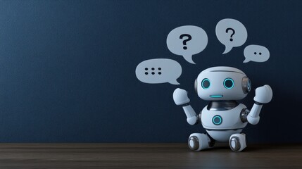 A small, white robot sits on a wooden surface, surrounded by thought bubbles.